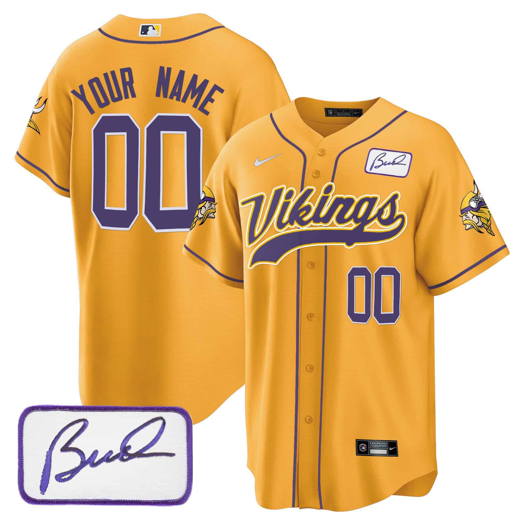 Men Minnesota Vikings Yellow 2024 Nike Bud Grant Patch Baseball Custom NFL Jersey